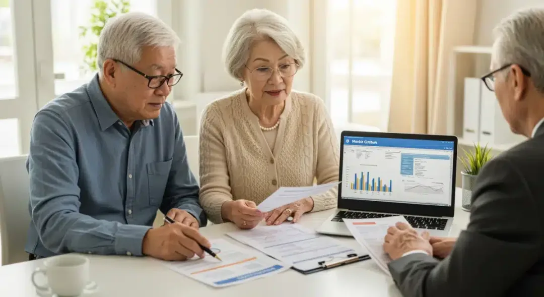 Elderly couple reviewing Medicare options with advisor
