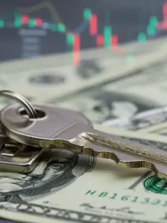 House key on dollar bills with rising financial chart, symbolizing mortgage refinancing outlook.
