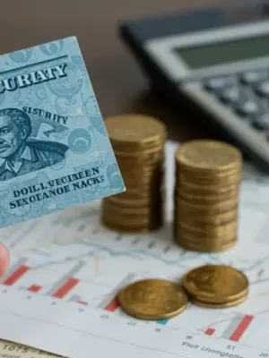 Hand holding Social Security card with calculator and coins, symbolizing benefit increase