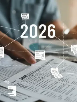 Complex tax forms and digital financial network for 2026 tax code changes