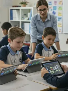 Students using AI tools in a K-12 classroom, demonstrating future-ready learning