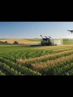 Vast green farmland with modern tractor harvesting under bright sky, representing the 2026 agricultural outlook.