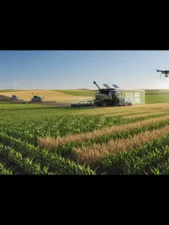 Vast green farmland with modern tractor harvesting under bright sky, representing the 2026 agricultural outlook.