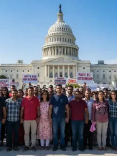 Diverse group in front of U.S. Capitol, representing immigration reform complexities