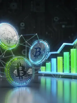 Futuristic digital currency concept with holographic coins and blockchain network.