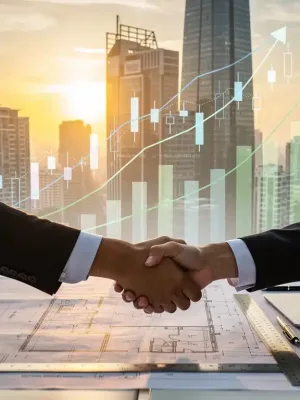 Modern city skyline with financial charts symbolizing real estate investment growth and opportunity.