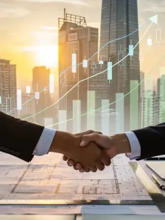Modern city skyline with financial charts symbolizing real estate investment growth and opportunity.