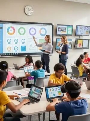 Students and teachers collaborating in a modern K-12 classroom, reflecting future education policies.