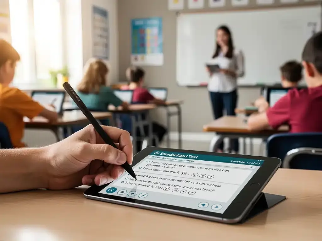 Student taking digital standardized test on tablet