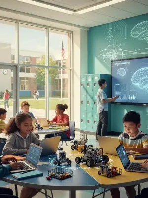Students learning with AI tools in a modern U.S. classroom, preparing for the 2030 workforce.