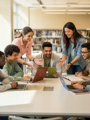 Students collaborating on studies in a modern community college library, symbolizing academic pathways and credit transfer.