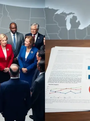 Political figures and policy documents illustrating the impact of elections on future agendas.