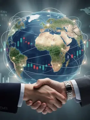 Global trade network with economic graphs and hands shaking, symbolizing U.S. trade negotiations and their impact on global markets.