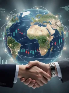 Global trade network with economic graphs and hands shaking, symbolizing U.S. trade negotiations and their impact on global markets.