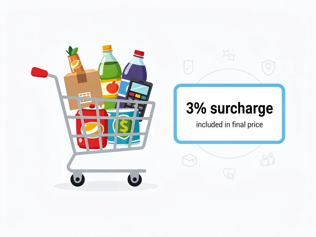Transparent pricing with a 3% surcharge clearly displayed on a product in a shopping cart.