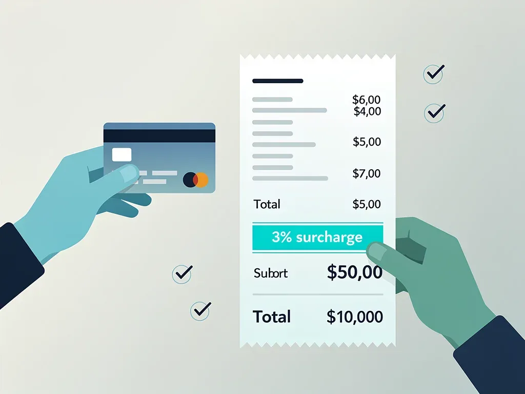 Consumer paying with credit card and receiving a clear receipt showing a 3% surcharge.