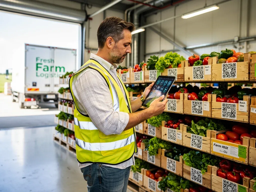 Farmer scanning QR code for food product traceability