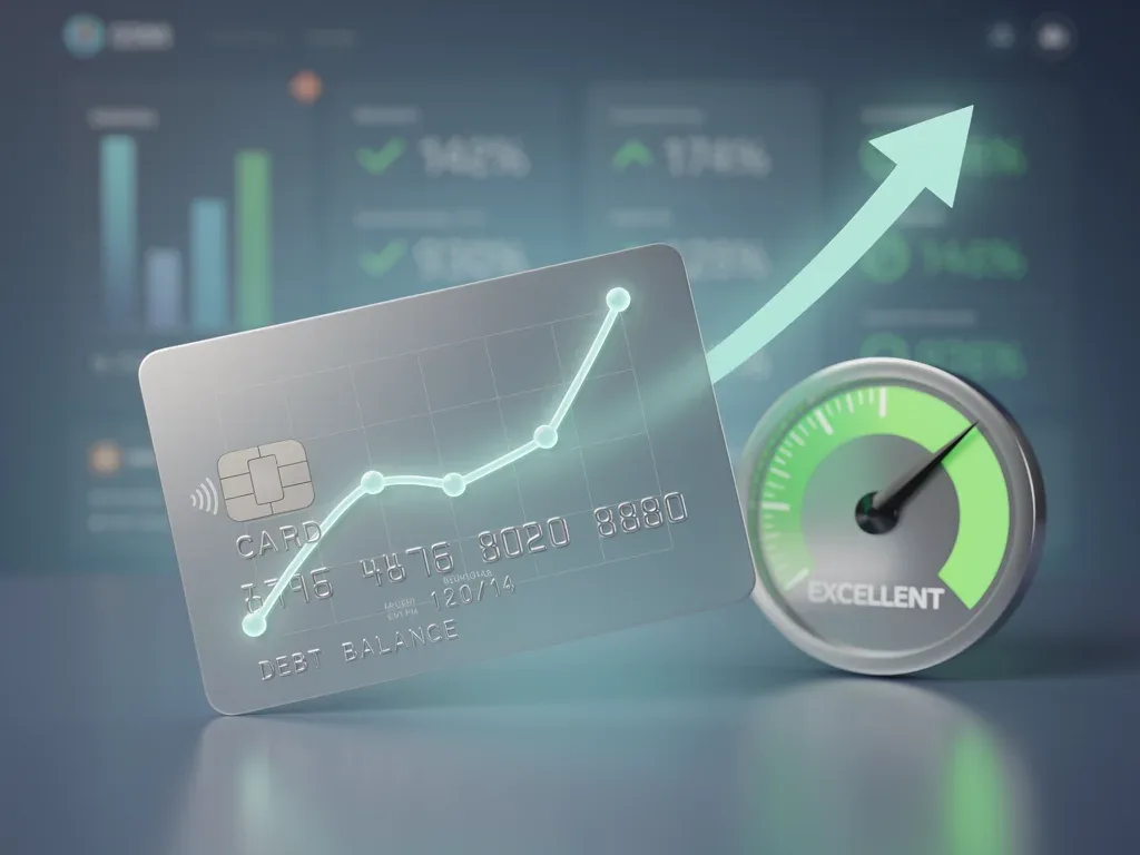 Credit card with a graph showing reduced balance and rising credit score