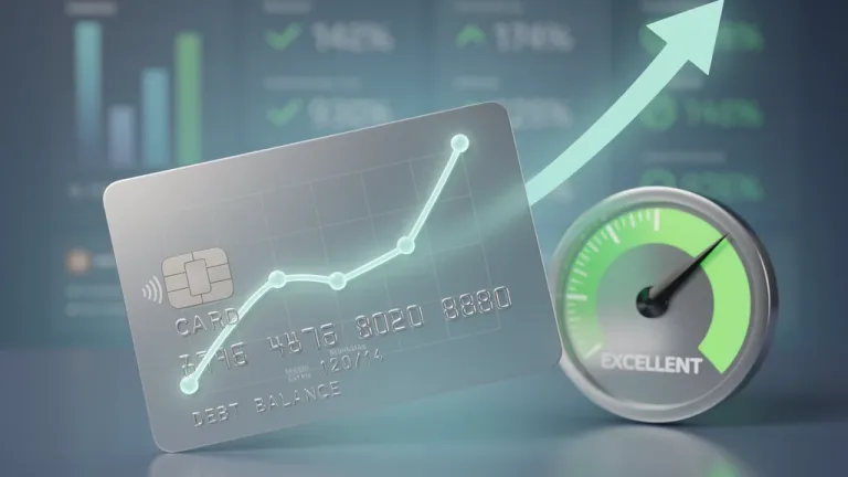 Credit card with a graph showing reduced balance and rising credit score