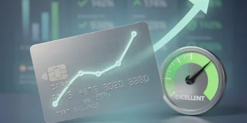 Credit card with a graph showing reduced balance and rising credit score