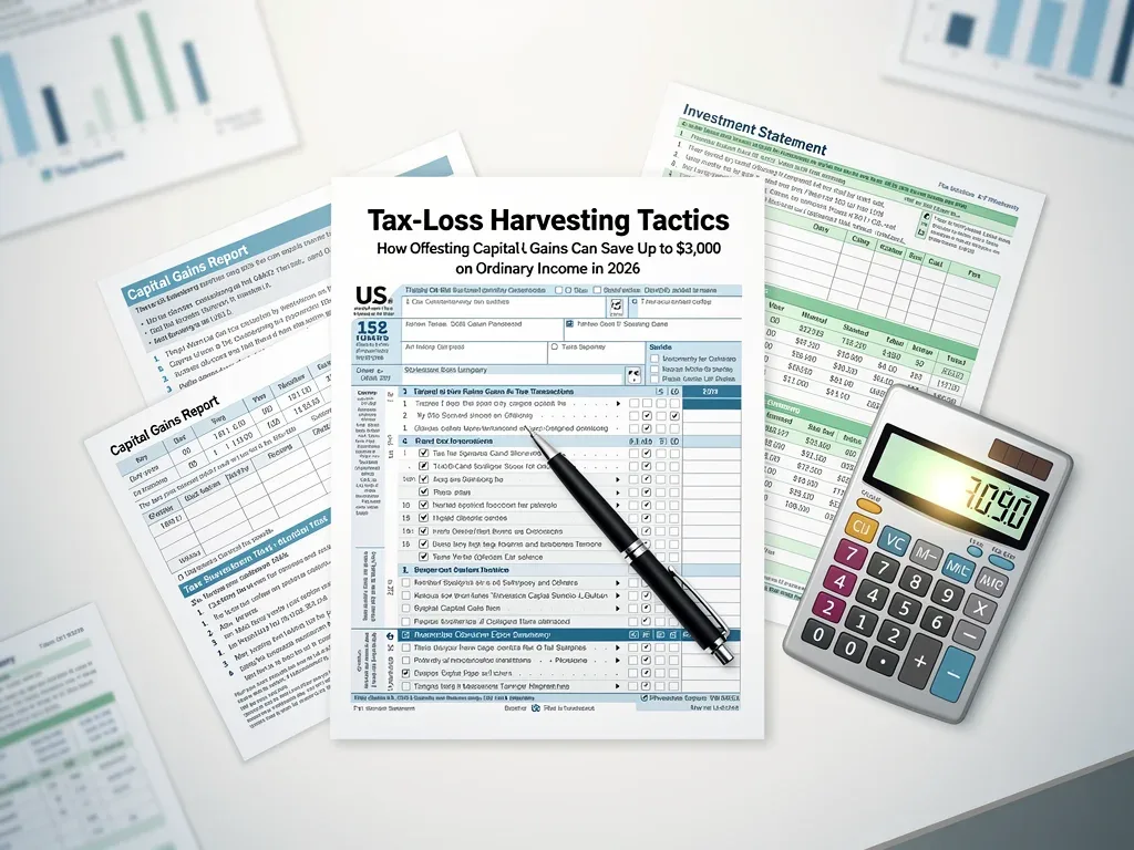 Strategic tax planning with documents and calculator for tax-loss harvesting
