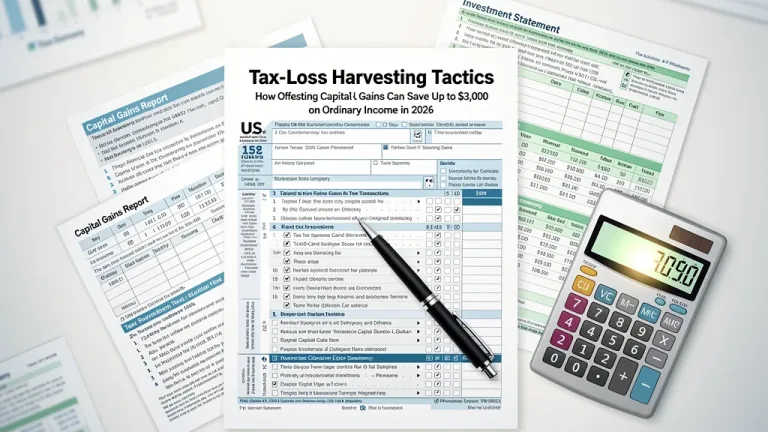 Strategic tax planning with documents and calculator for tax-loss harvesting