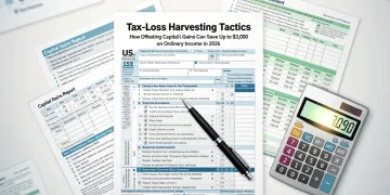 Strategic tax planning with documents and calculator for tax-loss harvesting