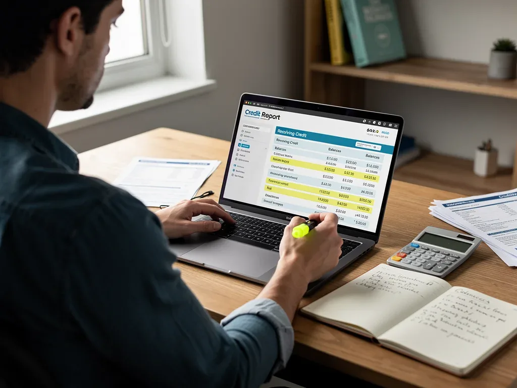 Person reviewing credit report on laptop, focusing on balances