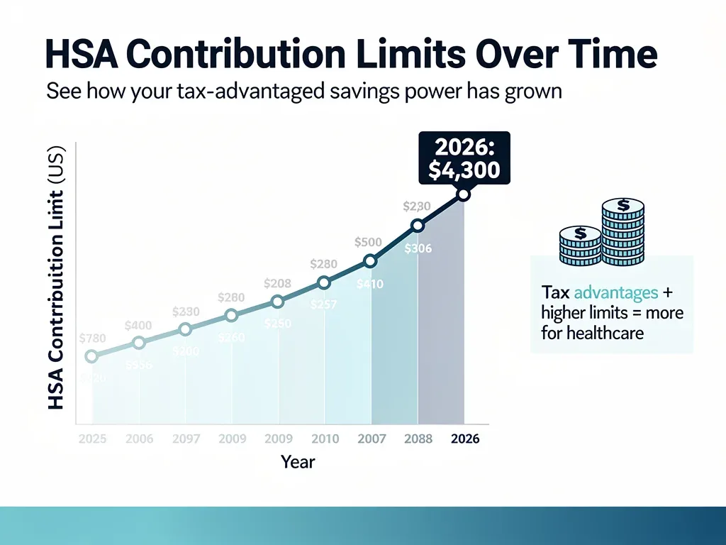 Infographic showing historical HSA contribution limits and 2026 increase