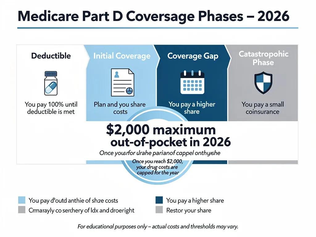 Infographic showing Medicare Part D coverage phases and 2026 out-of-pocket limit