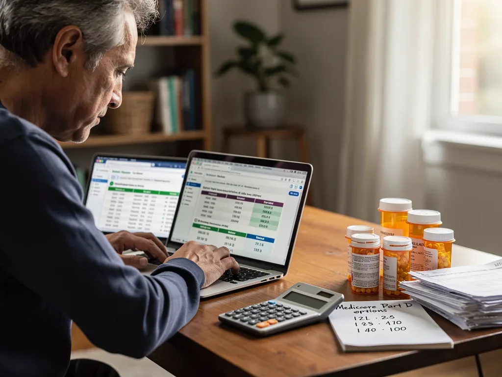 Individual researching Medicare Part D plans and drug costs online for savings
