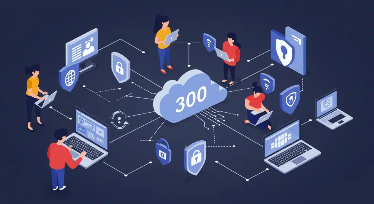 Illustration of diverse people and data flow with privacy locks
