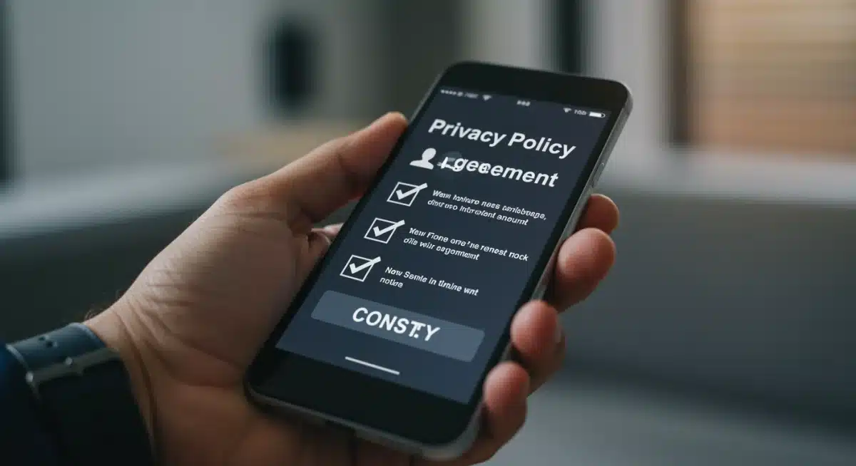 Hand holding smartphone displaying privacy policy with consent checkboxes