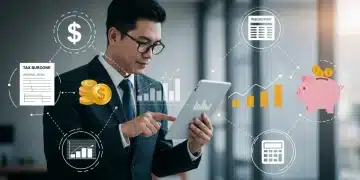 Small business owner reviewing tax documents, calculating federal incentives for 2026