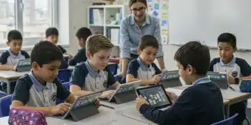 Students using AI tools in a K-12 classroom, demonstrating future-ready learning