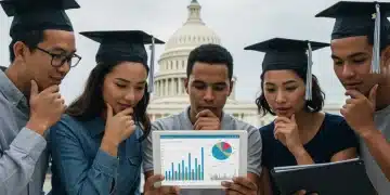 Students and graduates examining financial data related to federal student loan forgiveness programs in the US.