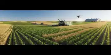 Vast green farmland with modern tractor harvesting under bright sky, representing the 2026 agricultural outlook.