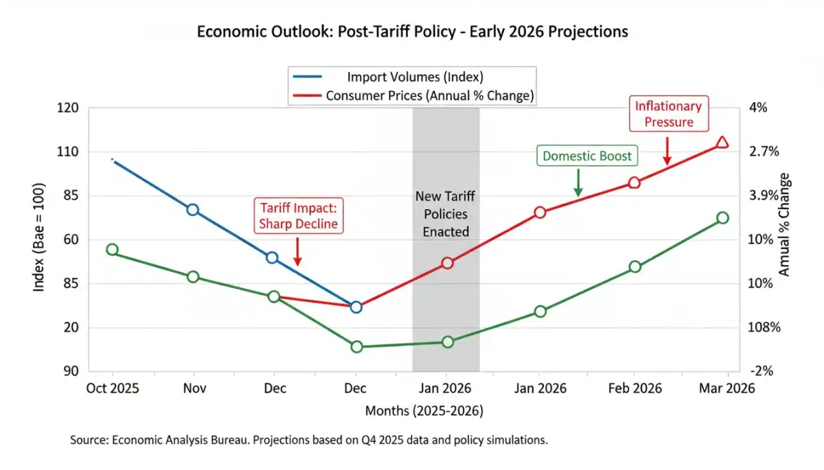 Economic impact graph showing projected changes in import volumes and prices for Q1 2026 due to U.S. trade tariffs.