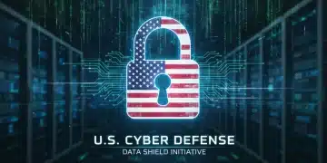 Digital padlock with American flag, symbolizing US cybersecurity and data protection.