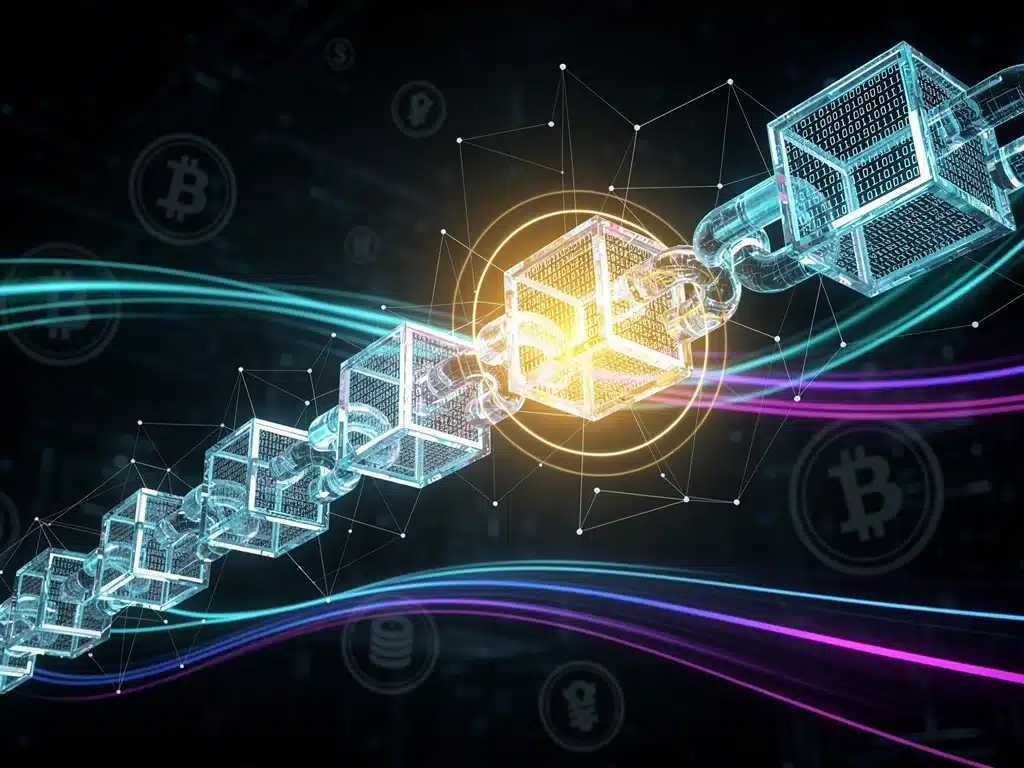 Blockchain technology with secure, decentralized ledger and encrypted data.