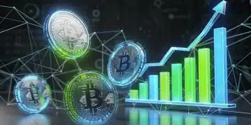 Futuristic digital currency concept with holographic coins and blockchain network.