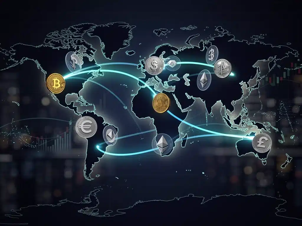Global financial markets interconnected with digital currency symbols.