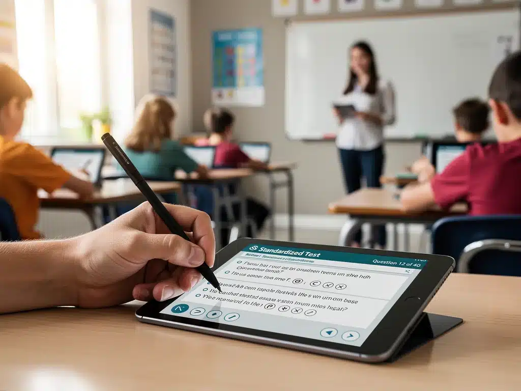Student taking digital standardized test on tablet