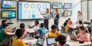 Students and teachers collaborating in a modern K-12 classroom, reflecting future education policies.