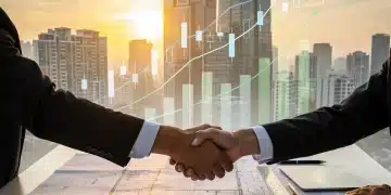Modern city skyline with financial charts symbolizing real estate investment growth and opportunity.
