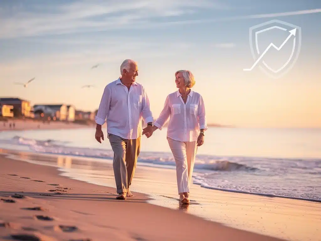 Happy retired couple walking on beach, symbolizing secure retirement with annuities.