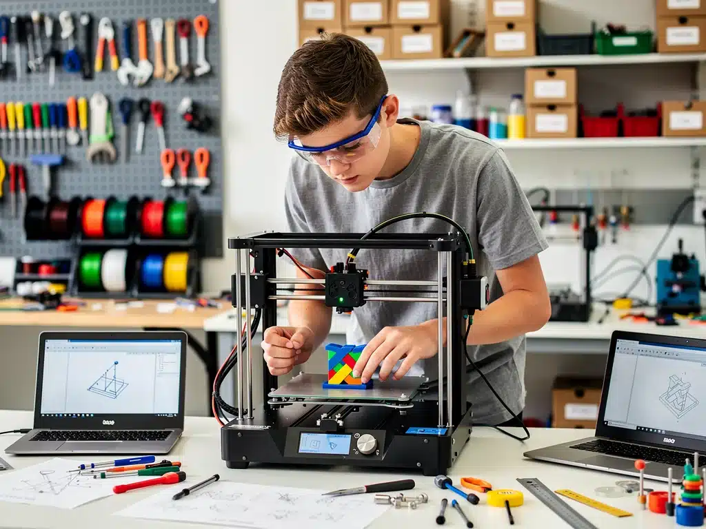 Student utilizing a 3D printer in a high school makerspace for practical learning.
