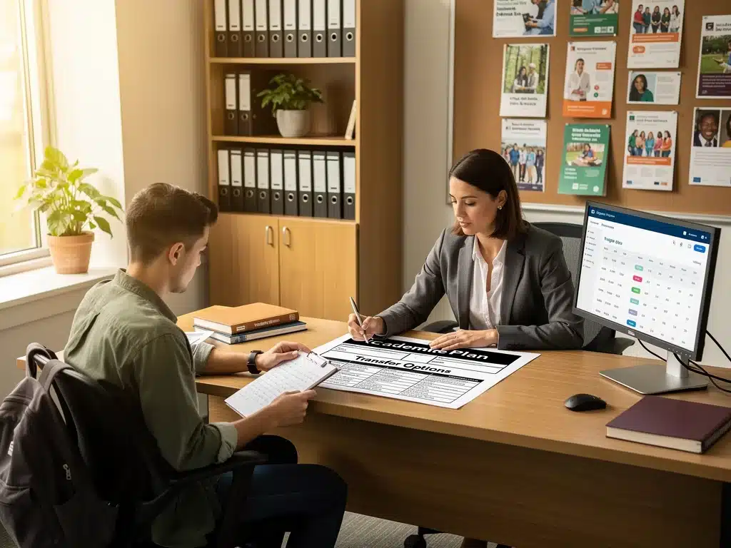 Academic advisor guiding a student through course selection and transfer credit planning, emphasizing personalized support.