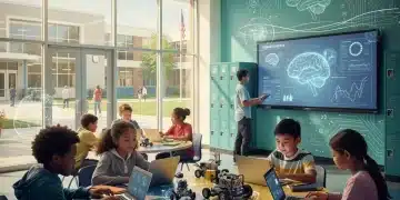 AI Regulation 2026: New Federal Guidelines for Businesses Students learning with AI tools in a modern U.S. classroom, preparing for the 2030 workforce.