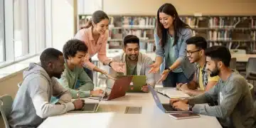 Students collaborating on studies in a modern community college library, symbolizing academic pathways and credit transfer.